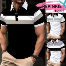 Camisa Gola Polo Masculina Manga Curta Casual Moda Blusa Qualidade Blocos de Cor Premium