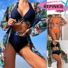 Conjunto Feminino Biquíni Cintura Alta Cabresto Triângulo Estampa Tropical Calcinha E Quimono