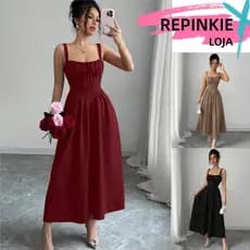 Vestido Midi Feminino Cami Bustier Vermelho De Verão Com Alças e Cintura Apertada