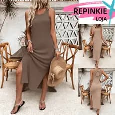Vestido Longo Feminino com Renda Sem Manga com Cintura Solta Nas Costas e Fenda Lateral