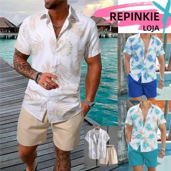 Conjunto Camisa Social Masculina 2 Peças com Camisa de Manga Curta e Shorts Estampados Tropical