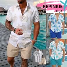 Conjunto Camisa Social Masculina 2 Peças com Camisa de Manga Curta e Shorts Estampados Tropical