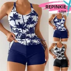 Conjunto de Biquíni Top Maiô Feminino de Estampa Coqueiro com Decote Halter de Árvore de Coco