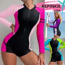 Bloco De Cores Zíper Feminino Longo de Manga Frontal Fato Banho De Uma Peça Almofadas Removíveis
