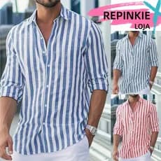 Camisa Social Roupa Masculina Manga Longa Casual De Verão Com Listras E Linho Gola Botão