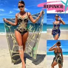 Conjunto Body Maiô Feminino Praia Alça Fina De Verão Impressão Em Cadeia Saia Praia