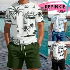 Conjunto Shorts e Camiseta Masculino de Manga Curta Gola Estampa Árvore Palma e Shorts