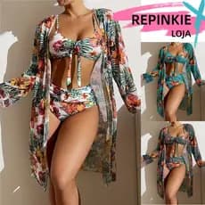 Conjunto De Três Peças Biquíni Femininas Elegante Floral Estampa Cobrir Sutiã Cardigã