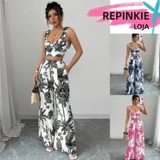 Conjunto Calça e Blusa Feminina Regata Estilo Boêmio Com Alças Amarrar E Calça Perna Reta Para Férias