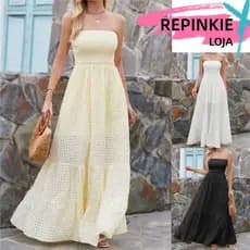 Vestido Longo Feminino Elegante Linha A Tubinho com Babado Looks de Praia e Férias