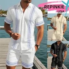 Conjunto Camisa Masculino Casual em Losango Shorts Esportivos Geométrica Estampa com Bolso e Cordão