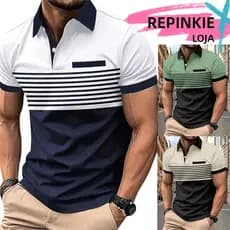 Camisa Polo Masculina Casual Botão De Manga Curta Listrada Com Blocos De Cores