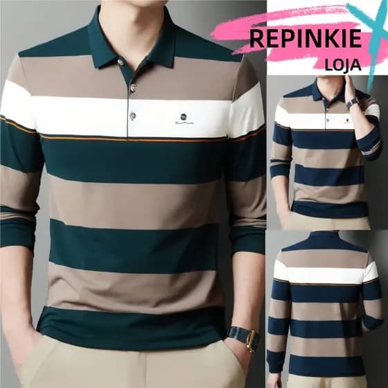 Camisa Masculina Gola Polo Manga Long Casual Listrada e Estampada com Botões Frontais