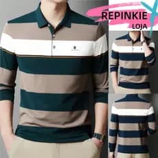 Camisa Masculina Gola Polo Manga Long Casual Listrada e Estampada com Botões Frontais