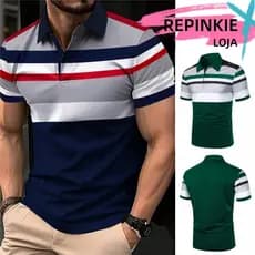 Camisa Polo Masculina Botões de Manga Curta com Listras Fashion Casual Estilo Simples