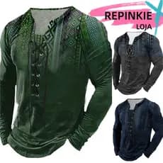 Camisa Masculina Henley Vintage Inspirada de Manga Moda Decote Comprida Na Redondo Cordão