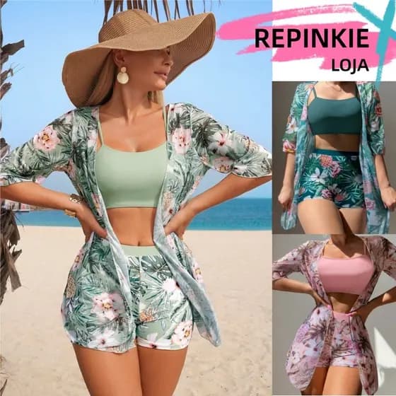 Maiô Biquíni com Saída de Praia Feminino Três Peças Com Print Cordão Estampa Cordão