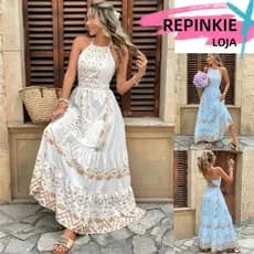 Vestido Longo Feminino Dourado Estampado de Férias com Recorte Nas Costas de Verão