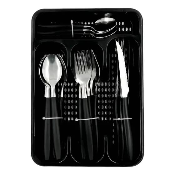Kit Talheres 24 Peças Preto Inox Conjunto Faqueiro Completo Mesa Posta com Suporte