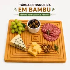 Tábua de Bambu Quadrada 28x28cm Petisqueira Queijos Frios Carnes Bandeja Servir Cozinha Área Gourmet