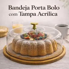 Bandeja Porta Bolo 28cm com Tampa Acrílica Boleira Redonda MDF Mesa Posta Doce Sobremesas Café