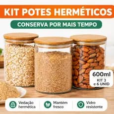 Kit Potes Herméticos Vidro 600ml Tampa Bambu Redondo Porta Mantimentos Cozinha Organizador 3|6 Unid