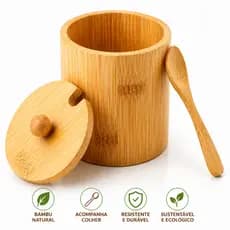 Porta Mantimentos Bambu Tampa Colher Pote Açúcar Café Sal Temperos Cozinha Organizadora