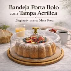 Bandeja Porta Bolo 28cm com Tampa Acrílica Boleira Redonda MDF Mesa Posta para Bolos e Doces