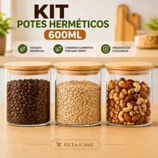 Kit Potes Herméticos Vidro 600ml Tampa Bambu Porta Mantimentos Cozinha Vedação Silicone 3|6 Unid