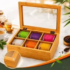 Caixa Para Chá Porta Sachês Bambu Decorativa 6 Nichos Premium 24cm Organização Cozinha