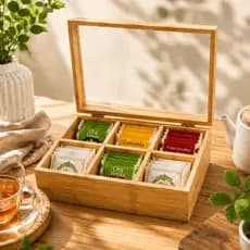 Caixa Para Chá Porta Sachês Bambu Decorativa 6 Nichos Premium Bambu Guarda Sachê Organização Cozinha
