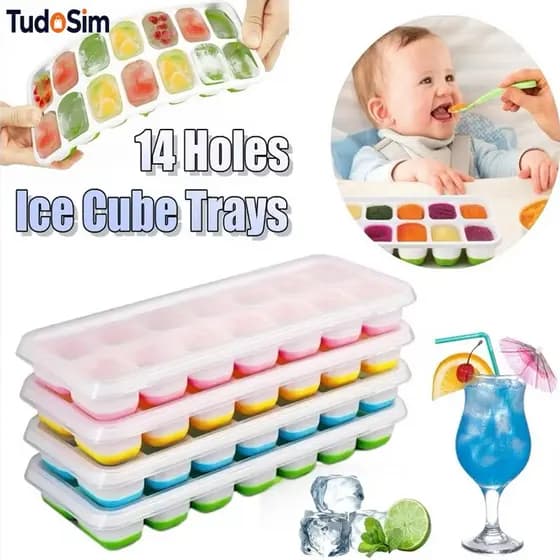 Formas de Gelo Silicone Com Tampa Rígida Flexível Fundo Retangular 14 Cubos Multiuso Lavável