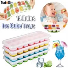Formas de Gelo Silicone Com Tampa Rígida Flexível Fundo Retangular 14 Cubos Multiuso Lavável