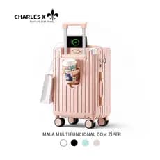 CHARLES X Mala Multifuncional com Porta-Copos, Suporte para Celular, Porta USB para Carregador e Rodas Removíveis