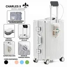 CHARLES X Mala Multifuncional com Estrutura de Alumínio, Porta-Copos e Porta USB para Carregador