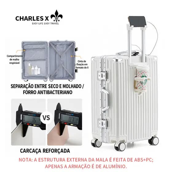 CHARLES X Mala de ABS  e PC com estrutura de alumínio, equipada com porta USB e suporte para copos