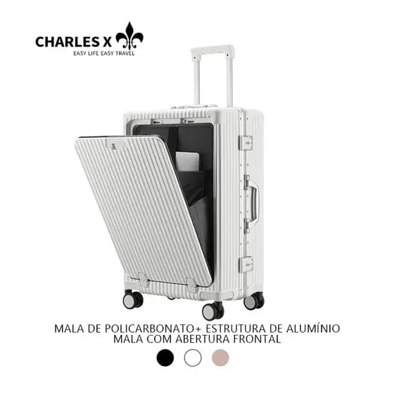 CHARLES X Mala de viagem com abertura frontal, corpo em PC, bordas em alumínio e rodas giratórias 360°