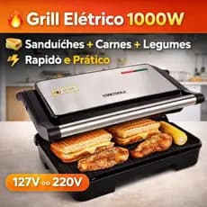Sanduicheira Grill Elétrica 1000W Inox Antiaderente Compacta – Faz Sanduíches, Carnes e Legumes