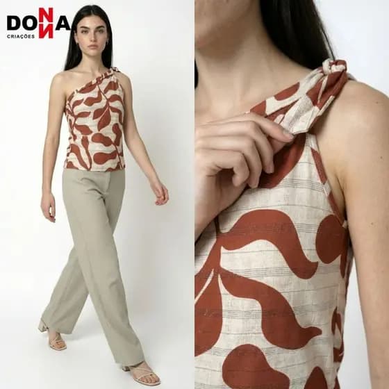 Blusa Feminina Um Ombro Só Estampada em Linha Leve com Brilho