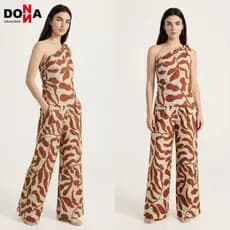 Conjunto Feminino Estampado Um Ombro Só com Calça Pantalona em Linha Leve com Brilho