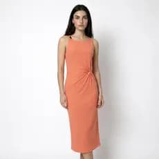 Vestido Midi Feminino Canelado com Franzido na Cintura e Detalhe no Ombro