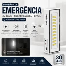 Luminária de Emergência 30 LEDs Recarregável Bivolt Luz Branca Fria 6500K Autonomia Alta