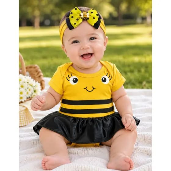 Body Bebê Abelhinha Amarela Saia e Laço Fantasia Infantil Abelha Mesversário