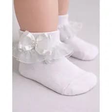 Meia Infantil Bebê com Laço Duplo e Pérolas Cor Branca e Rosa Elegante Confortável Delicada Batizado