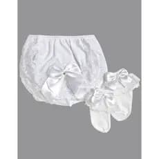 Kit Calcinha Tapa Fralda Branca Laço + Meia Infantil Renda Luxo Batizado