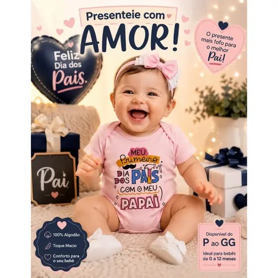 Body Bebê Menina Meu Primeiro Dia dos Pais Com Meu Papai Faixa Presente Homenagem Ensaio Fotográfico