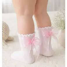 Meia Infantil Cano Médio Laço Atrás em Tule Delicada Elegante Bebê Luxo Batizado Casamento Look