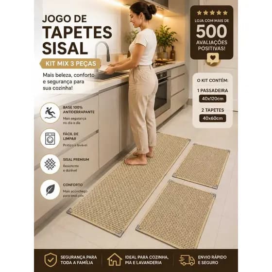 Jogo Tapete Sisal Kit Mix 3 Peças Lancer Antiderrapante 1 peça 40x120cm + 2 peças 40x60cm com Cantoneira de Aço Cromado