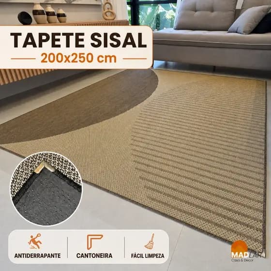 Tapete Sisal 200x250 cm Lancer Sisllê Antiderrapante com Cantoneira Aço Cromado Quarto Sala Escritório