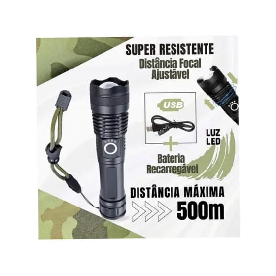 Lanterna Tática Portátil Bateria Recarregável Luz LED com Alça